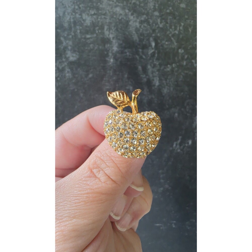 Gold Tone Metal Clear Rhinestone Apple Shaped Brooch Vintage Costume Jewelry